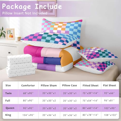 Image of Feelyou Multicolored Checkered Retro Bedding Sets Kids Boys Girls Geometric Vintage Comforter Bed in a Bag Twin Size Rainbow Colorful Bed Duvet Insert Modern Groovy Aesthetic Room Decor
