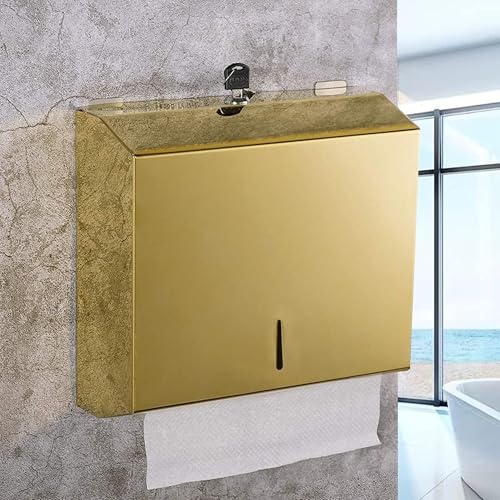NICEME Dispensador de Toallas de Papel, dispensador de Toallas de Acero Inoxidable con Cerradura, dispensador de Toallas de Papel Plegable C/V, Capacidad para 250 – 400 Hojas, Dorado