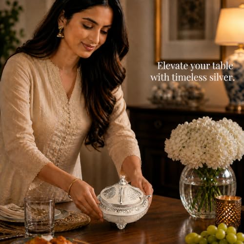 Image of Diviniti Silver Plated Peacock Sugar Pot with Lid | Decorative Storage Jar for Sugar, Mouth Fresheners & Small Items | Luxury Home Decor Piece for Kitchen, Dining Table & Gifting (White Finish)