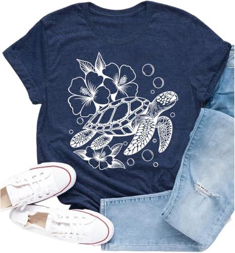 Cutesong Sea Turtle Shirt for Women Honu Ocean Life T-Shirts Hawaiian Hibiscus Vacation Summer Tee Tops