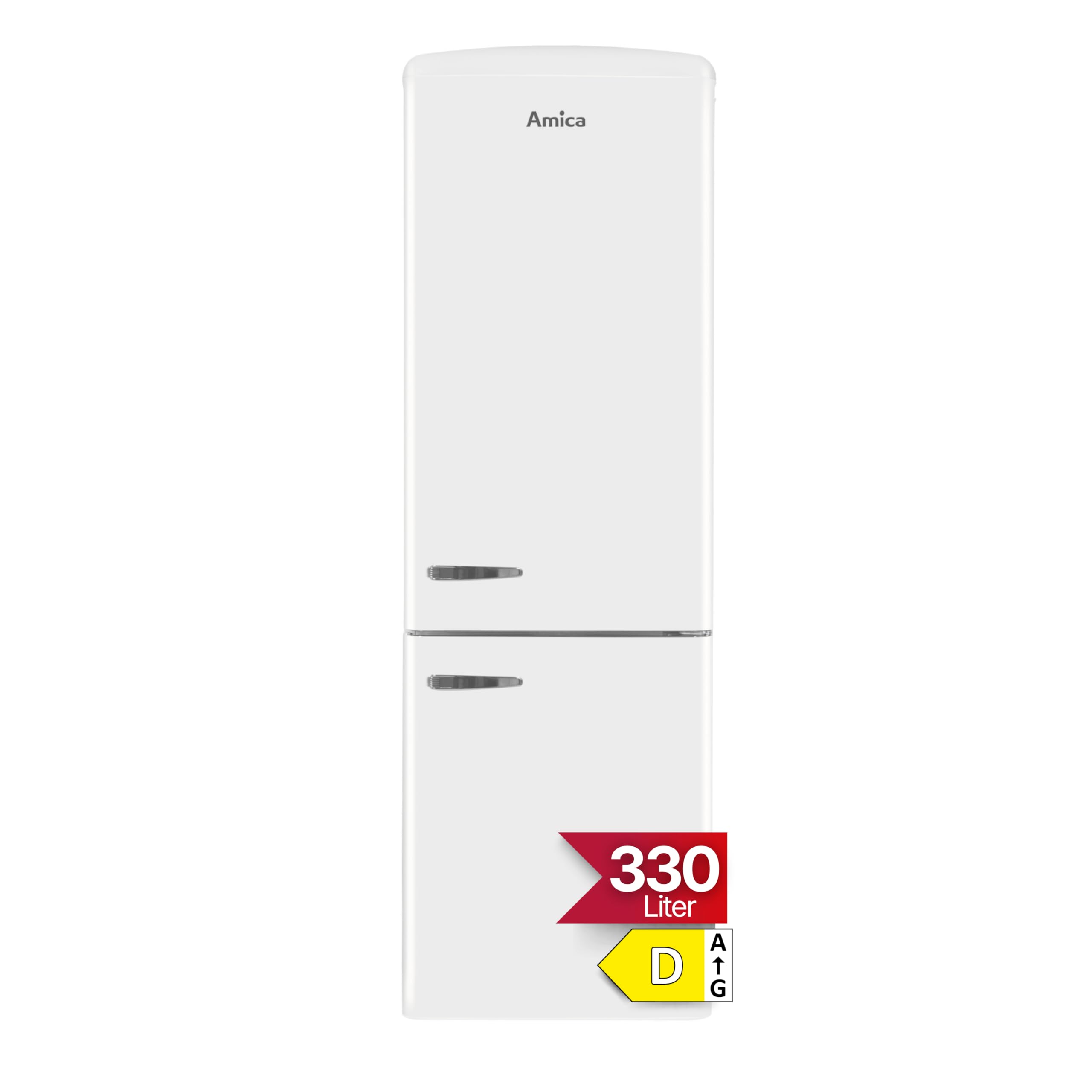 Amica Retro Kühl‑Gefrierkombination freistehend 330 l Total NoFrost Superkühlen Supergefrieren LED‑Beleuchtung Chrom‑Flaschengitter 199 x 60 x 72,5 cm – Kuehlschrank Freistehend Weiß