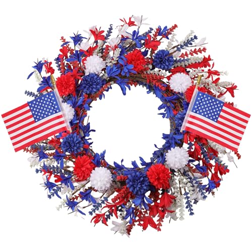 zjlmit Patriotic Front Door Wreath, 22 Inch Red White and Blue Berry Wreath with Bow and Stars, July 4th Grapevine Decor for Memorial Day and Independence Day