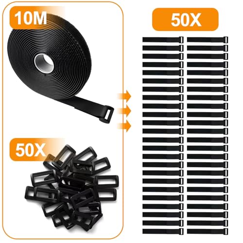 10m Klett Kabelbinder, 25mm Klettband band mit 50 Metallschnallen, verstellbare Befestigungskabelgurte, zuschneidbarer Cinch-Gurt, 2,5 cm breit (10m*25mm)