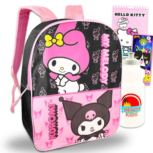Mochila escolar My Melody para escola – Pacote com mochila escolar My Melody e Kuromi de 40 cm com bolso frontal e adesivos, garrafa de água, mais | Mochila Kuromi para meninas, Multicor, My Melody