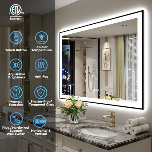 Image of 40x36 Inch LED Bathroom Mirror with Lights (Front Lit and Backlit) Black Framed Lighted Vanity Mirror for Bathroom Wall Dimmable Anti-Fog Memory Tempered Glass Horizontal /Vertical