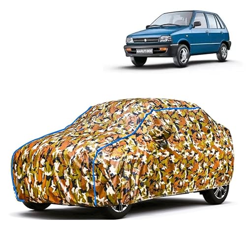 Image of Kerwa Car Body Cover Waterproof Compatible with Maruti 800 | Scratch Proof, Anti-Dust, UV Protection | Windproof Buckle Strap | Fitted Bottom Elastic | Side Mirror Pockets-Jungle