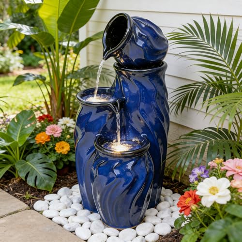 Ultym 29' Ceramic Water Fountain Outdoor, 4-Tier Dynamic Wavy Outdoor Fountain with Artistic Cobalt Blue Glaze, Decorative Water Feature, Cascading Waterfalls for Serene Garden Patio Yard Porch Decor
