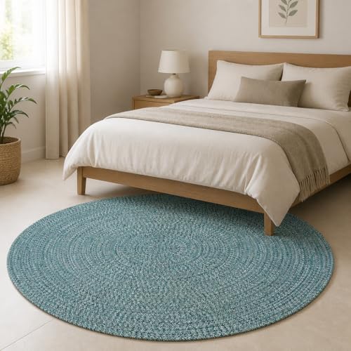 Image of Handmade Cotton Braided 5x5 feet Area Rug - Washable, Low Pile Reversible Floor Mat for Bedroom, Kitchen, Entryway & Living Room - Eco-Friendly Woven Carpet - (Multi Green, Round)