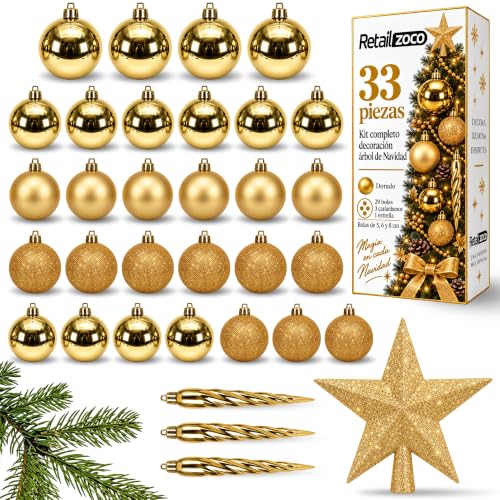 Bolas de Navidad, Adornos Arbol Navidad, 33 Piezas, Dorado