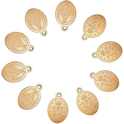 DanLingJewelry 304 Stainless Steel Virgin Mary Oval Miraculous Medal Charms Pendants for Men Women for Jewelry Making Necklace Earring Bracelet DIY（Golden Color-100pcs,14 x 9 x0.8mm.Hole:1mm） Cover