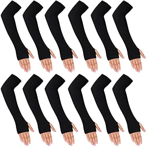 6 Pairs Black Arm warmers Fingerless Gloves with Thumb Holes for Women, Knit Mittens Long Stretchy Sleeves Cover