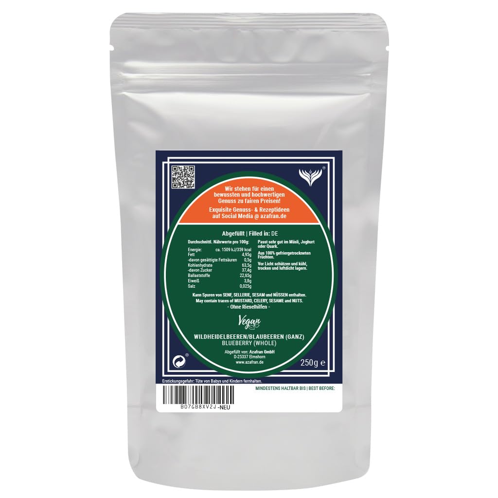 Azafran Wildheidelbeeren gefriergetrocknet, Heidelbeeren getrocknet (Blaubeeren ganz) 250g (Packung mit 2)