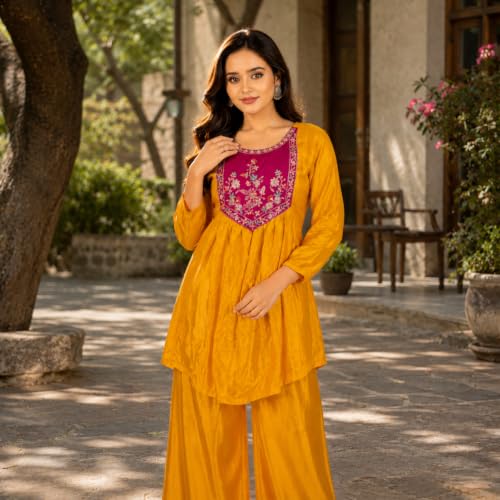 Image of Embroidered Sharara Set for Women | Roman Silk Short Kurta with Flared Sharara Pants | Designer Festive Ethnic Wear Suit Set for Weddings, Sangeet & Celebrations