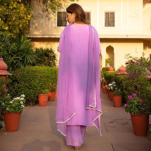 Image of GoSriKi Women's Cotton Blend Straight Embroidered Kurta with Pant & Dupatta