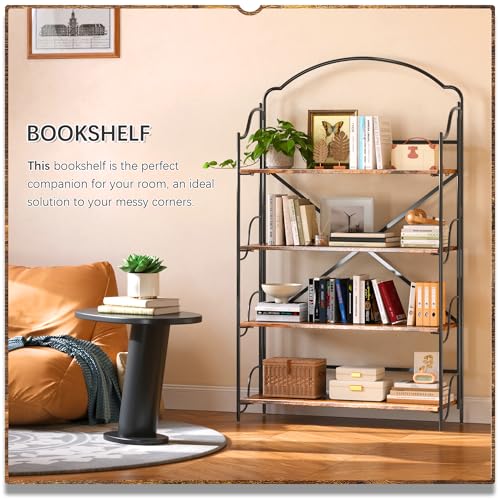 Image of 4NM No Assembly Folding Bookshelf for Living Room, 4 Tiers Collapsible Book Shelves Open Industrial Foldable Bookcase Storage Shelf for Home Office - Rustic Brown Black