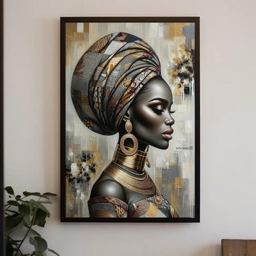 Peinture à l'huile portrait femme africaine avec cadre intérieur