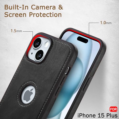 Image of TheGiftKart Genuine Leather Finish Back Cover Case for iPhone 15 Plus | Shockproof Design | Raised Edges for Camera & Screen Protection | Stunning Minimalist Design Case Cover (Black Sides, Black)