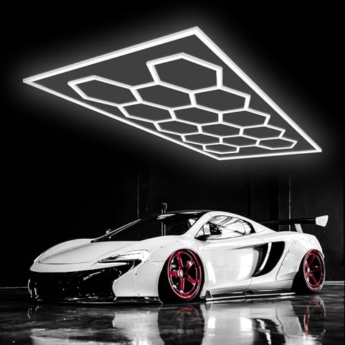 GAORUTO Hexágono LED Luz de Techo de Garaje, 5/14 Rejillas de Nido de Abeja Enlazable Luces de La Tienda Para El Taller de Almacén Gimnasio Sótano Cuidado de Coches Lavadero 14 HEX