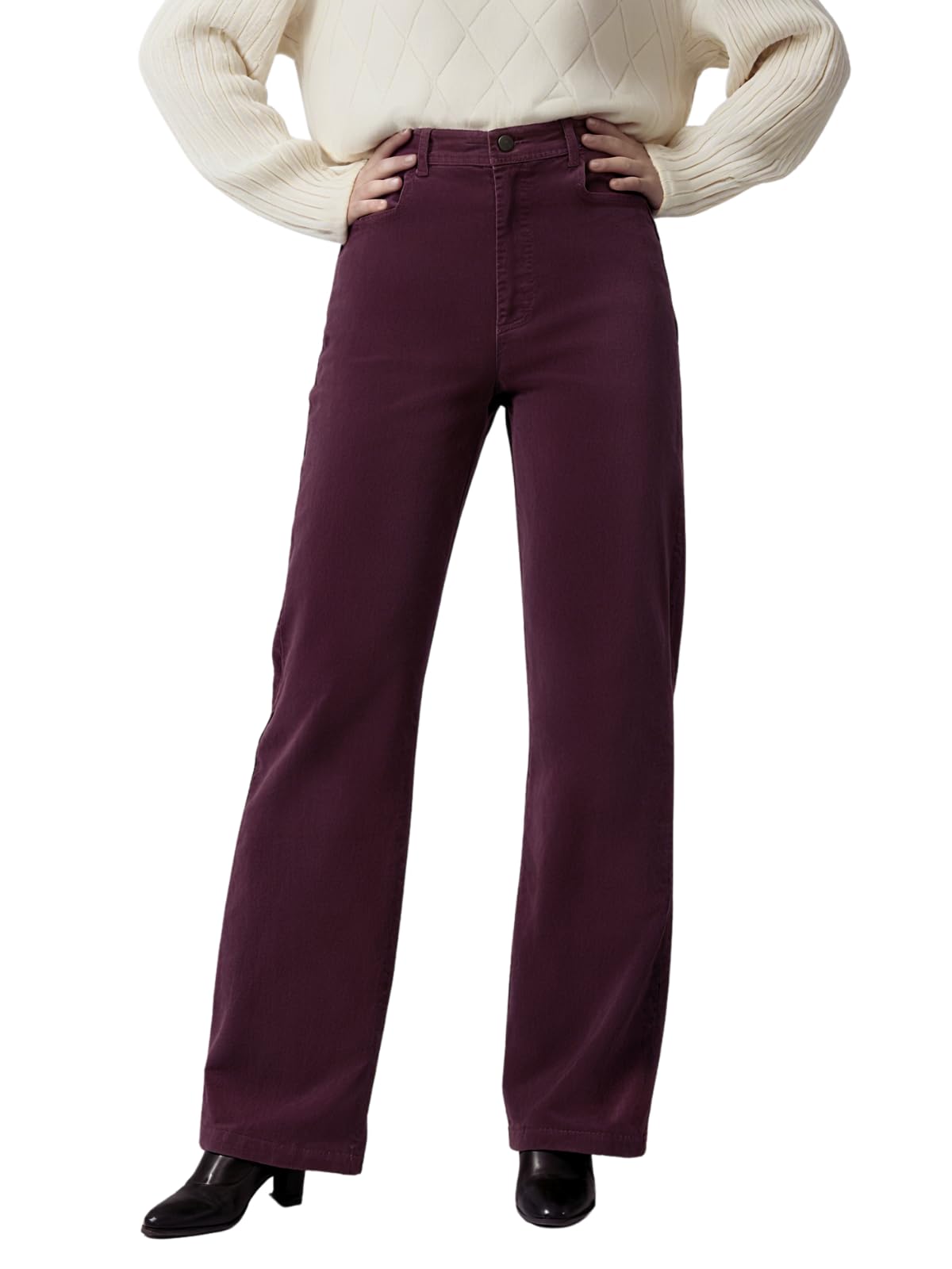 OctMoon Womens Corduroy Straight-Leg Pants Casual Cotton-Spandex Trousers Garment-Dyed Pana Pants for Women with Pockets Button Closure Wine