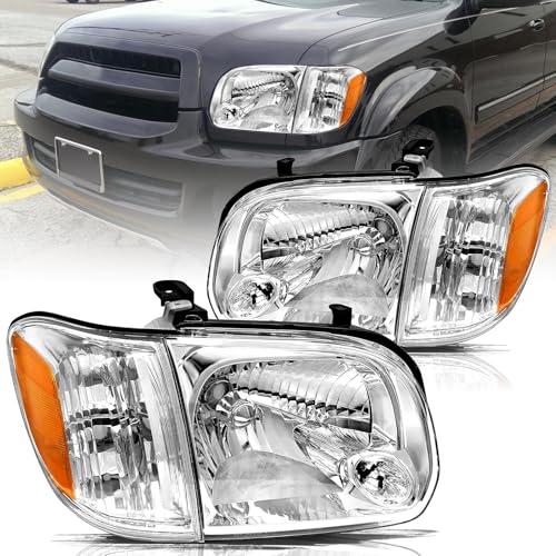 Aosky Headlight Assembly Fit for 2005 2006 Toyota Tundra Double/Crew Cab and 05-07 Sequoia Chrome & Amber Reflector Driver and Passenger Side Headlamp (Not for Regular Cab/Access Cab)