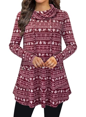 Bulotus Fall Sweaters for Women 2025 Cowl Neck Asymmetrical Long Tunics for Leggings Vacation Travel Tops with Pockets