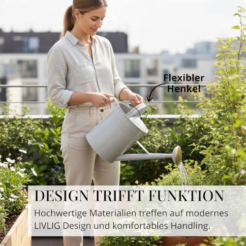 LIVLIG Gießkanne 10l, Blumengießkanne für Garten & Balkon, Hochwertige Metallgießkanne mit Abnehmbarer Brause und flexiblem Henkel, Gießkanne Vintage mit Messingbrause, Greige