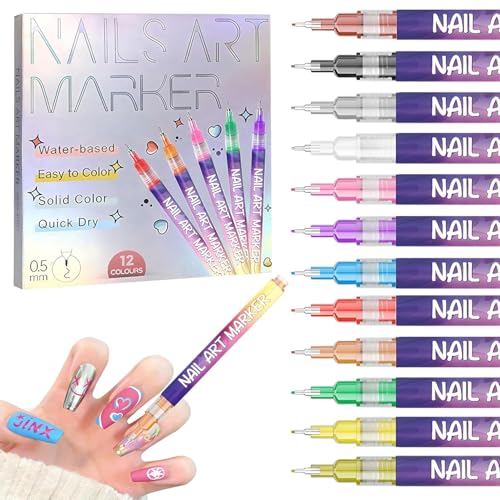 12 Colors Nail Art Pens Set, Fine Tip Nail Polish Pen Markers, Qu...