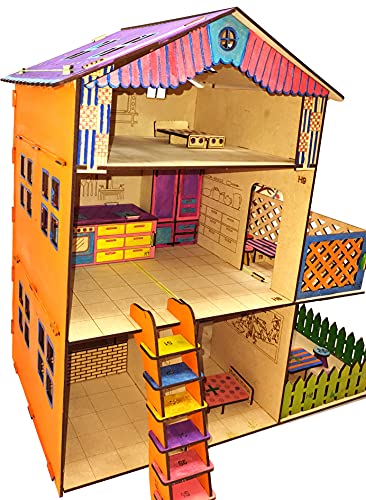Image of Big Size Doll House and Furniture Making Kit. Painting Kit. 18 Inch Height and 18 Inch Width. Premium Pine Wood 3D Puzzle. No Hammer, Glue Required.