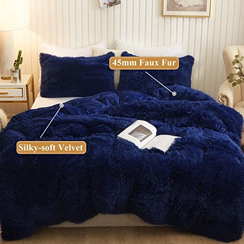 Image of XeGe Plush Shaggy Duvet Cover, Luxury Ultra Soft Crystal Velvet Fuzzy Bedding 1PC(1 Faux Fur Duvet Cover), Fluffy Furry Comforter Cover with Zipper Closure(King, Navy Blue)