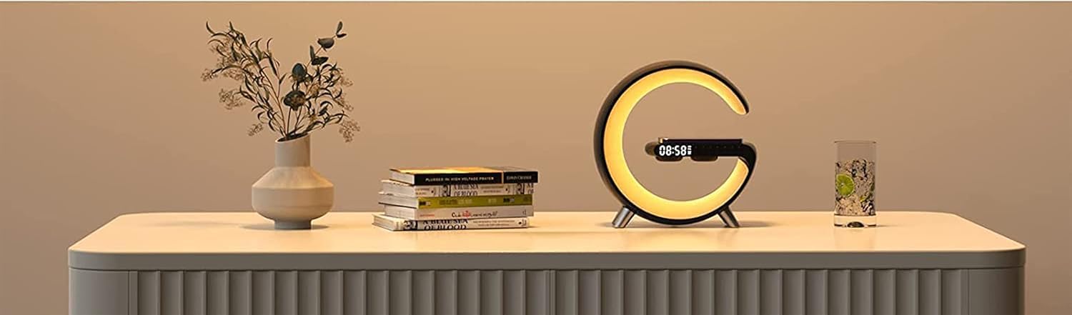 UENERGY 4 in 1 caricabatterie wireless lampada notturna | Altoparlante Bluetooth sveglia | Ricarica rapida 15 W | Casa Ufficio Studio Comodino Lampada di ricarica wireless per iPhone Samsung Huawei