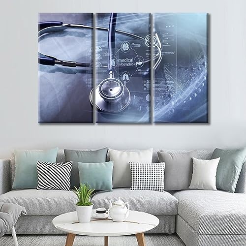 Image of Stethoscope Canvas Wall Art Stethoscope and Medical Wall Pictures Art Prints 3 Panels Medical Instrument Posters & Prints Giclee Print Stretched and Framed Ready to Hang (60 inch Wx40 H)