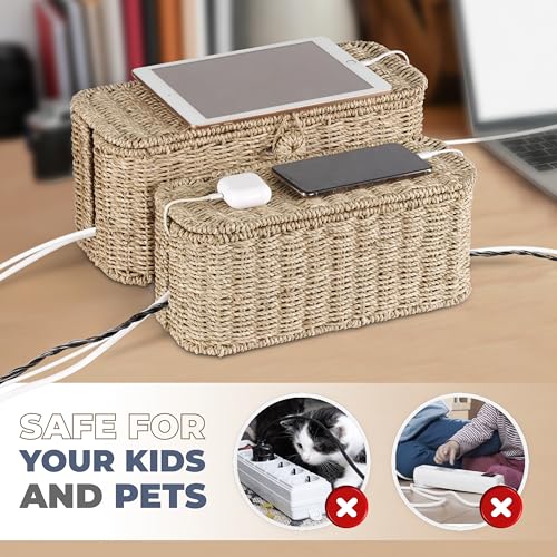2-Pack Large Cable Management Box, Natural Rattan Cable Cord Organizer Boxes for Power Strip – 2 Open Slots Cords Hider Box for TV Wires, Computer, Router, USB Hub and Under Desk Power Strip - Image 6