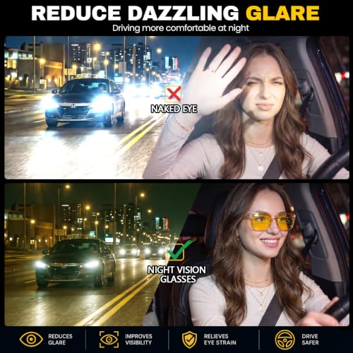 Image of Myiaur Women's Polarized Night Driving Glasses, Anti-Glare Yellow Lens | Nighttime Driving Glasses Boost Low Light Vision, UV400 Protection, Lightweight Frame For Night Driving, Rain & Fog