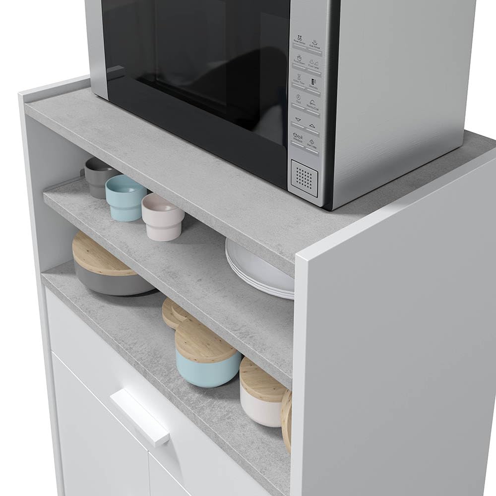 Habitdesign - Mueble Microondas con Ruedas, Carro Auxiliar de Cocina 2 Puertas 1 Cajón - Armario Compacto para Almacenaje - Blanco Artik y Cemento - 59x92x40 cm (AnchoxAltoxFondo) - Modelo Tidy