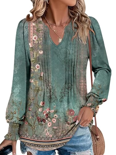 BETTE BOUTIK Long Sleeve Shirts for Women Fall Tops Dressy Blouses Pleated V Neck Tunic Tops for Leggings S-3XL