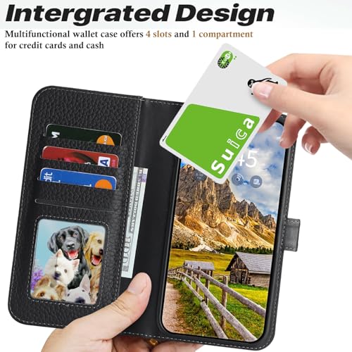 Image of Detachable Genuine Leather Case for iPhone 15 Wallet Case Magnetic 2in1 Removable Flip Cover Book Purse Compatible with Magsafe Charging Kickstand Card Holder-Black