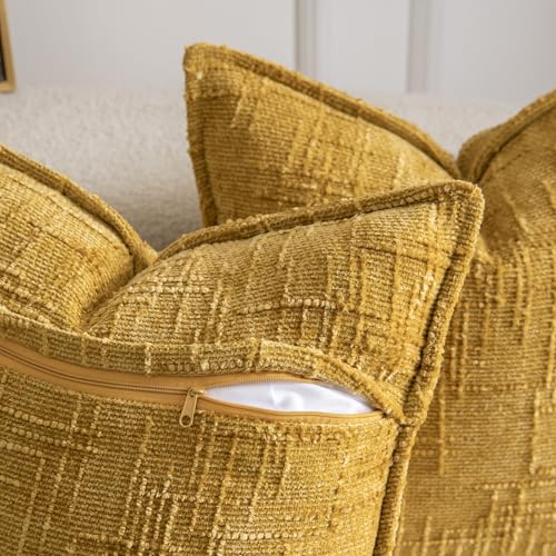 Image of MADIZZ Pack of 2 Chenille Throw Pillow Covers 18x18 Inch Yellow Soft Neutral Decorative Throw Pillows for Couch Sofa Boho Accent Cushion Covers Modern Farmhouse Home Decor for Bedroom Living Room