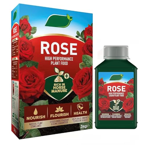 Rose Plants Feeding Growing Bundle - Rose Food Enriched Horse Manure 3kg & Rose Feed Liquid 1L Garden Fertiliser for Outdoor Plants or Houseplants with Topline Card.