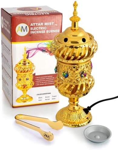Attar Mist Carousel Electric Incense Burner - Metalic Bakhoor Burner Holder | Oud Frankincense Resin Burner (Mabkhara) | for Office & Home Decor | Ideal for Yoga, Spa & Aromatherapy (Gold)