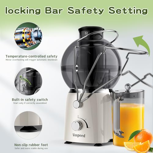 Extracteur de jus Vospeed, presse-fruits et légumes de 1400 watts avec goulotte d'alimentation de 3,5 pouces et pot à jus de 1,2 litre, sans BPA, facile à nettoyer (Blanc) – Image 4