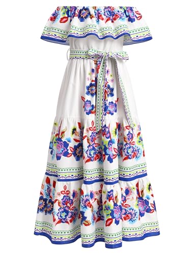 Traditional Mexican Dress for Girls Kids Floral Print Off Shoulder Maxi Sundress Cinco de Mayo Fiesta Dresses with Belt