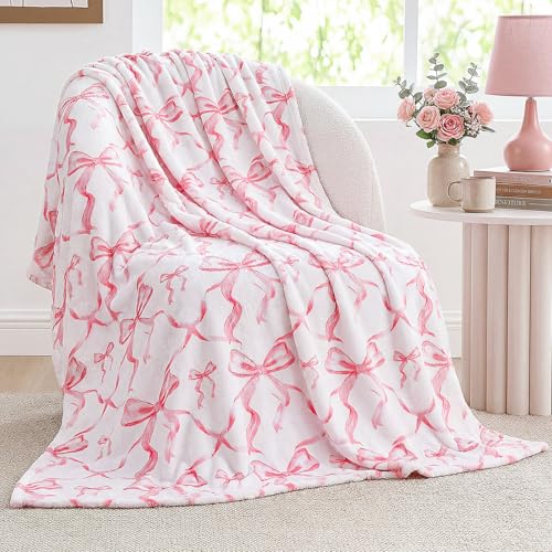 Buryeah Pink Bow Throw Blanket 60"x80" Soft Flannel for Girls Women