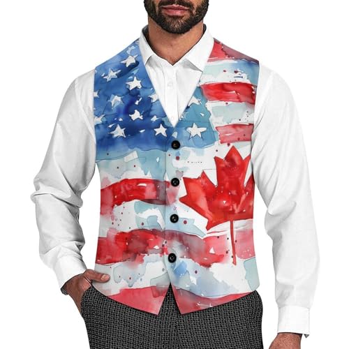 Watercolor U.S. Canada Flag Novelty Men's Suit Vest Casual Formal Dress Vests Business Waistcoat