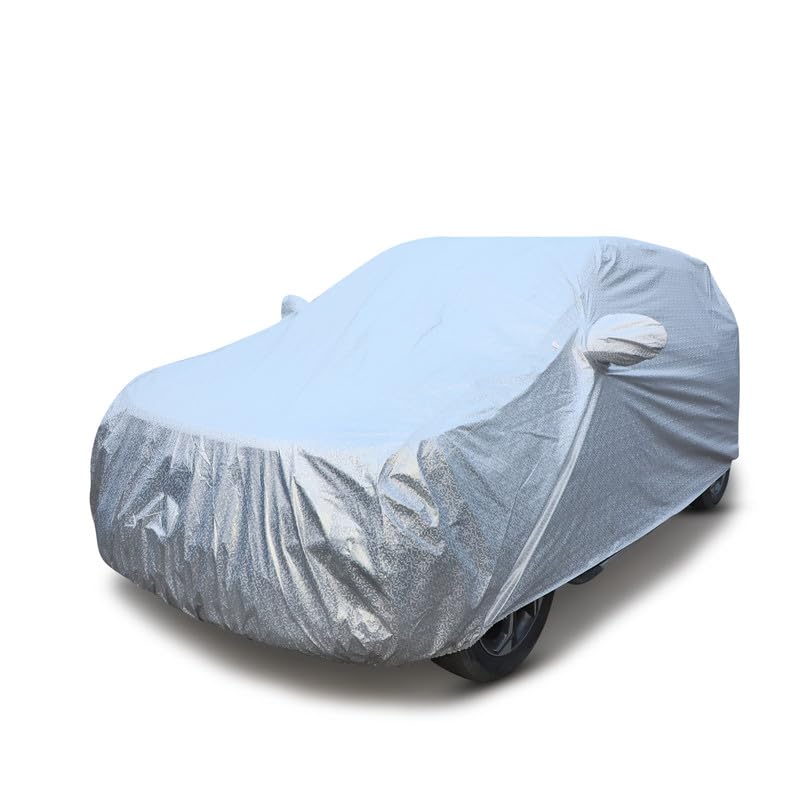Image of Silver Check Waterproof Car Body Cover Heat and Dust Resistant Heavy Buckle Mirror Pockets Car Accessories Essentials for (Silver Check, for Volkswagon Vento)