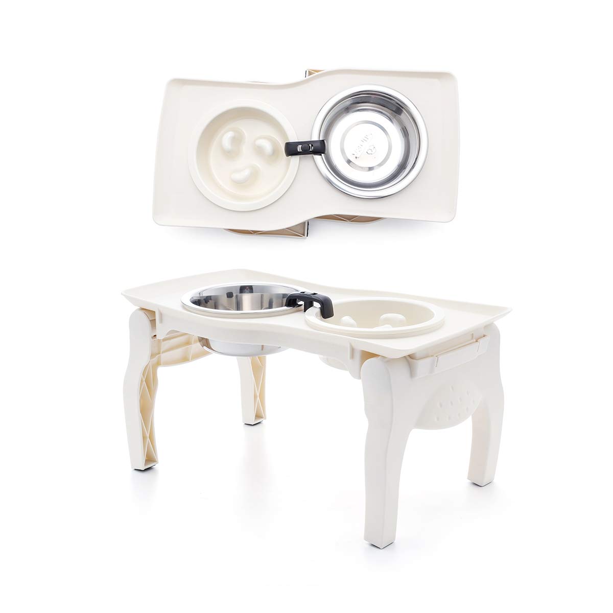 Elevated Pet Bowl Stand for Dogs with Slow Feeder Bowl Premium Foldable Stand Dog Food Water Feeding Bowl, Detachable Anti-Slip Mats Non Skidding No Spill for Indoor & Outdoor (Two Bowl White)