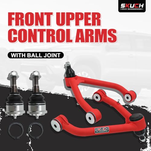 2-4" Lift Front Upper Control Arms for 2014-2018 Chevy Silverado GMC Sierra 1500, 2015-2018 Chevy Tahoe, Suburban 1500, GMC Yukon/Yukon XL, Escalade/ESV, 2 Replacement Ball Joints, Wrinkle Red by SKUCH 4X4 ACCESSORIES - Used condition - Image 2