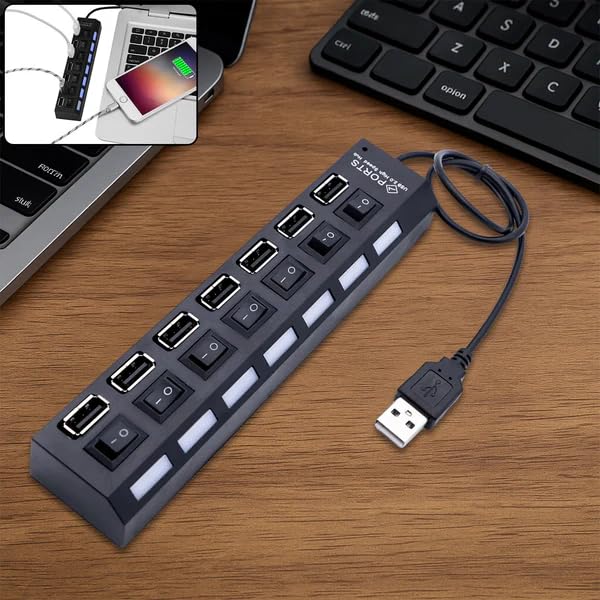 Image of USB Splitter Multi-Port USB 2.0 Hub | 7-Port Data Hub with Individual On /Off Switches and LED Indicators | USB A Expansion Adapter for PC Laptop Keyboard, Mouse Flash Drive Mobile and More