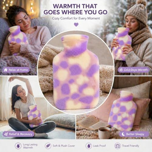 Image of Hot Water Bag with Soft Plush Cover 1000ml Medical Grade Silicone Hot Water Bottle for Period Cramps, Back Pain Relief, Hot & Cold Therapy, Muscle Aches & Full Body Relaxation Heating Pad (Lavender)