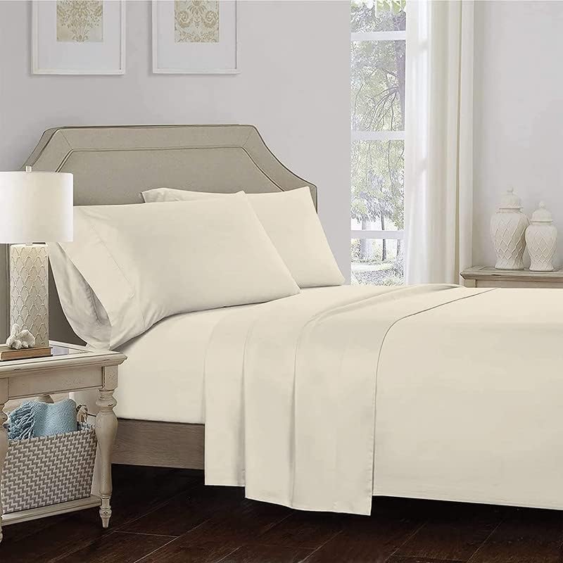 Image of Bed Sheet Queen Size Cotton - Pure Egyptian Cotton Queen Size BedSheet with Pillow Cover - Solid Ivory 600 Thread Count - Stain Resistant, Skin Friendly, Organic Cotton BedSheet
