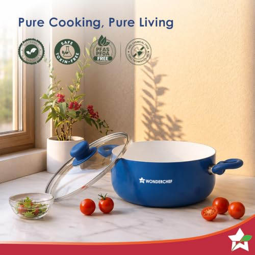 Image of Wonderchef Natura Ceramic Casserole & Glass Lid for Cooking, 24cm, 4.5L, Non-Toxic Chemical-Free Coating, PFOA /PFAS-Free, Scratch-Resistant, Gas & Induction Compatible, 2-Yr Warranty, Teal Blue